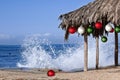 Beach Palapa Decorated For Christmas ~ Wave Royalty Free Stock Photo