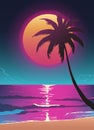 beach and palm tree against the backdrop of a fantastic sunset over the ocean Royalty Free Stock Photo