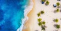 Beach with palm trees and ocean as a background from top view. Azure water background from top view. Summer seascape from air.