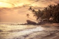 Beach palm trees sunset sea surf waves rock stone coastline scenery with orange dramatic sky as tropical island background