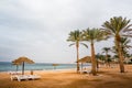 Beach with palms and umbrellas in a Windy and cloudy day Royalty Free Stock Photo