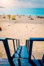 Beach panorama from the lifeguard rescue tower. Summertime summer holiday on mediterrean sea