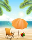 Beach with parasol, chair, ball and palm trees