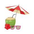 Beach parasol with coconut drink and glasses