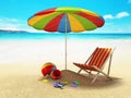 Beach parasol, sun chair and beach toys by the seashore. 3D illustration