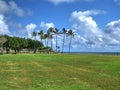 Beach Park on Oahu island with large green grass area