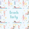 Beach party background or frame with place for text,active male and female characters