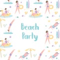 Beach party background or frame with place for text,active male and female characters