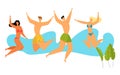 Beach Party Celebration. Group of Happy Young People Characters in Swim Wear Jumping with Hands Up, Summer Vacation Royalty Free Stock Photo