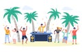 Beach party with dj playing disco music, people dancing, flat vector illustration