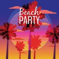 Beach Party Flyer, Baner, Invitation Tropical sunrise at seashore, sea landscape with palms, minimalistic illustration Royalty Free Stock Photo