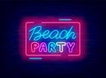 Beach party neon signboard with frame. Night club invitation. Coast event decoration. Led banner. Vector illustration Royalty Free Stock Photo