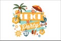 Beach party poster with palm, umbrella, anchor, steering wheel, ball, straw hat, ice-cream, sunglasses, flowers, sea