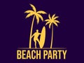 Beach party poster with surfer, surfboard and palm trees. Silhouette of a surfer and palm trees. Summer time. Design of banners,