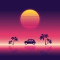 Beach party poster vector illustration template with sunset and palm trees and small car. 80s neon vintage retro style. Royalty Free Stock Photo