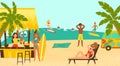 Beach party surf coastal, female male character surfing tropical seaside cartoon vector illustration. Beachfront