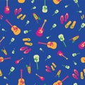 Beach party vector seamless pattern background. Tropical backdrop with cocktail glasses, flip flops, guitars. Colorful