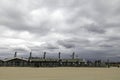 Beach pavilion 't "Centrum" in  the dunes of Katwijk aan Zee in heavy weather during a summerstorm. Royalty Free Stock Photo