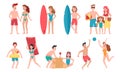 Beach people. Family holiday vacation, sunbathing on beach and happy friends summer fun cartoon vector illustration Royalty Free Stock Photo