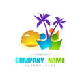 Beach people logo green leaf wave Hotel tourism holiday summer beach coconut palm tree vector logo design Royalty Free Stock Photo