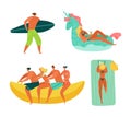 Beach people. Summer holiday by sea. Tourists sunbathe and surf. Persons ride inflatable banana or relax on swimming