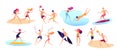 Beach people. Summer vacation family beach active man woman playing sports standing sunbathing walking sea kids isolated
