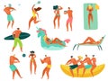 Beach people. Summer vacation sea ocean family relax playing sports people swimming sunbathing walking fun characters Royalty Free Stock Photo