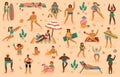 Beach people. Summertime sand beach vacation, man, woman, family with kids sunbathing, play, lying on towels sunbath Royalty Free Stock Photo