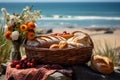 Beach Picnic Basket with Bread and Fruits. AI