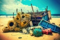 beach with piles of discarded fishing gear, nets, and traps on the sand Royalty Free Stock Photo