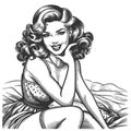 Beach Pin-Up Girl Sitting on Sand engraving raster