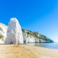 View beach of Vieste with Pizzomunno rock, Gargano coast, Apulia, South of Italy