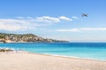 Beach and plane. Flight to vacation destination by the sea. Holiday landscape. Airline flying to summer paradise. Royalty Free Stock Photo