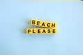 Beach please concept, lettering in yellow letters on blue