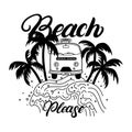 Beach please hand written lettering with palms, waves, surf car. Royalty Free Stock Photo