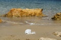 Beach polluted with face mask of covid. Environmental contamination problem