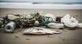Beach pollution with dead fish and plastic Royalty Free Stock Photo