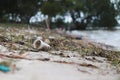 Beach pollution. Plastic bottles and other trash on sea beach. Ecological concept. earth day concept.globe pollution. Garbage on Royalty Free Stock Photo