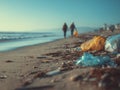 beach pollution with plastic waste and people walking Royalty Free Stock Photo