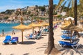 Beach in Port de Soller, Majorca seaside resort, a popular tourist destination. Baleares, Spain Royalty Free Stock Photo