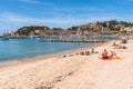 Beach in Port de Soller, Majorca seaside resort, a popular tourist destination. Baleares, Spain Royalty Free Stock Photo