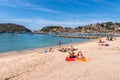 Beach in Port de Soller, Majorca seaside resort, a popular tourist destination. Baleares, Spain Royalty Free Stock Photo