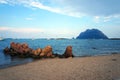 Beach in Porto San Paolo, Sardinia, Italy. View to Tavolara island Royalty Free Stock Photo