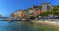 The beach in Porto Venere, Italy back by the colouful houses on the waterfront