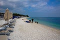 Beach in Portonovo in the Conero Regional Park in Italy. Stony coast of the Adriatic. Cloudy weather, rain is coming.