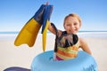 Beach, portrait and girl child with flippers, snorkel and inflatable swimming ring on ocean background. Face, happy and Royalty Free Stock Photo