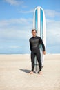 Beach, portrait and happy man with surfboard in summer for exercise, fitness for body health or outdoor mockup. Surfer Royalty Free Stock Photo