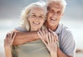 Beach portrait, hug and senior happy couple relax for outdoor wellness, nature freedom or travel holiday. Love, care and Royalty Free Stock Photo