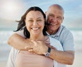 Beach, portrait and senior couple hug with happy, care and freedom in nature together. Face, love and elderly man Royalty Free Stock Photo