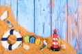 Beach poster with cabins and lighthouse Royalty Free Stock Photo